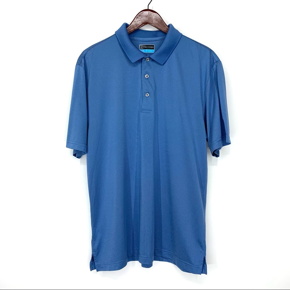 Men’s PGA Tour Blue Short Sleeve Three Button Polo Shirt W/ Micro V-Dot Pattern